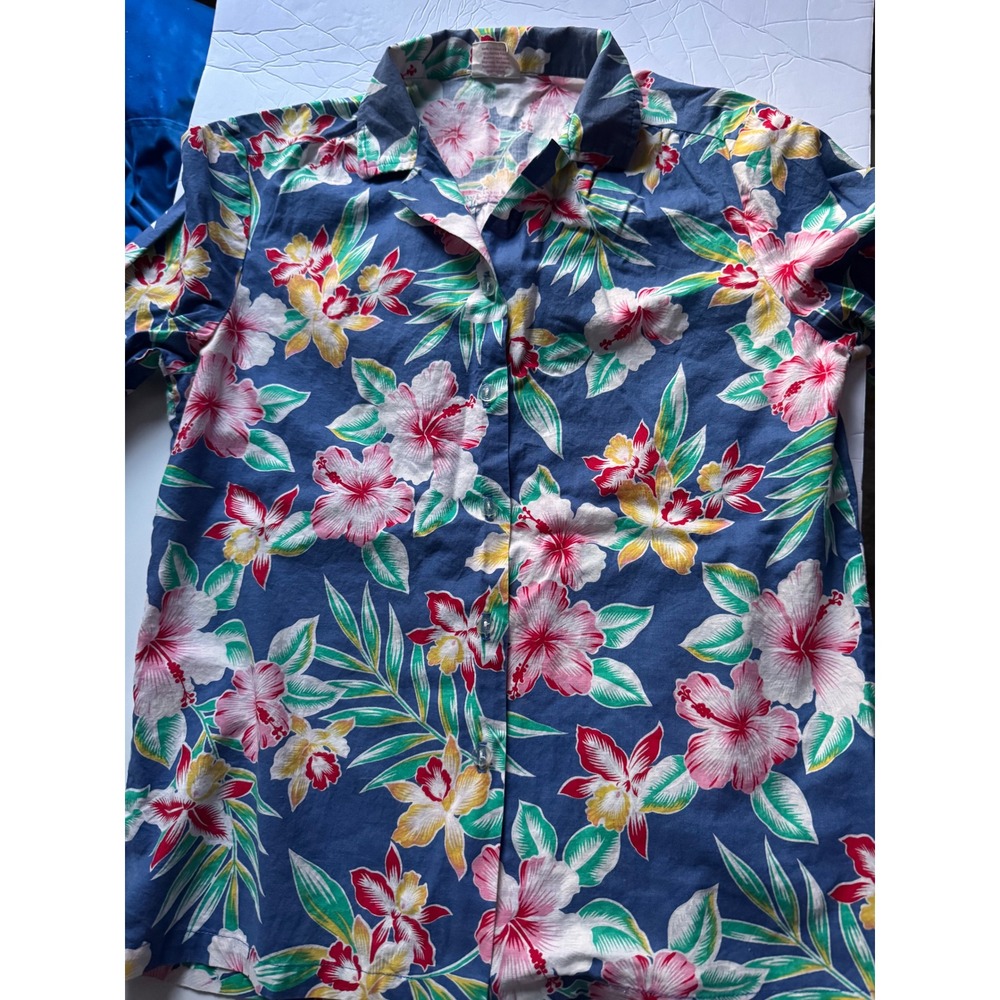 Kalena Fashions Hawaii Blue Floral Hibiscus Cotton Button Up Shirt Womens Medium